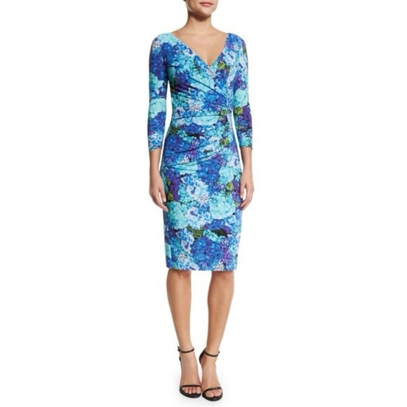 CHIARA BONI Blue Sania Three Quarter Sleeve Ruched Hydrangea Floral Cocktail 38